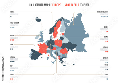 High detailed map of Europe. Vector template for infographics. Editable stroke.