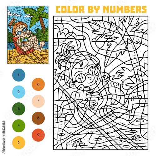 Color by number for children, Girl on a deck-chair