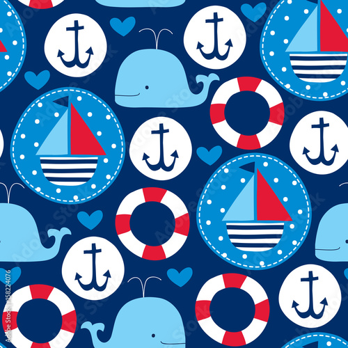 seamless sailing ships and whales pattern vector illustration photo