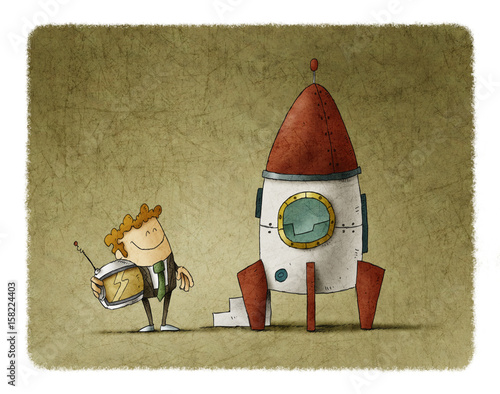 Entrepreneur next to a rocket is waiting with a helmet in his hand