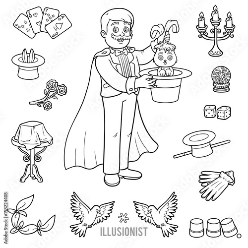 Vector set with magician and objects for magic tricks