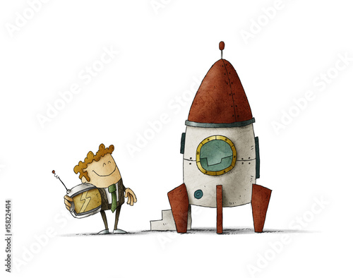 Entrepreneur next to a rocket is waiting with a helmet in his hand. Isolated