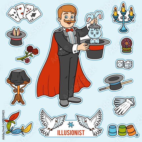 Vector set with magician and objects for magic tricks