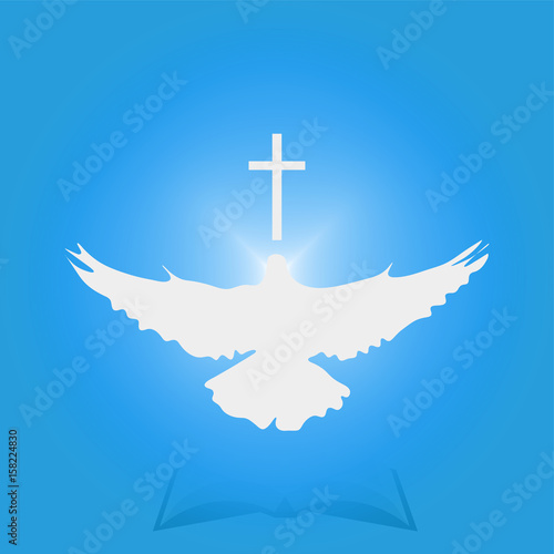 Illustration for Christian Community: Dove as Holy spirit and Cross. Great as church logo, illustration for sermon, oration, lecture, or pentecost talk.