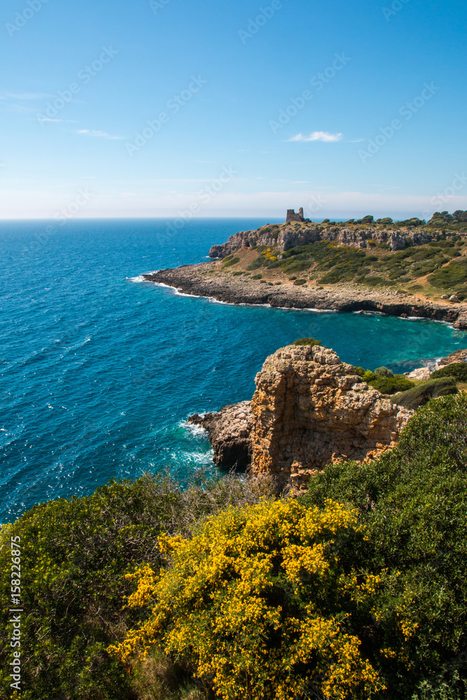 Watchtower near ionian sea (Uluzzo tower in Porto Selvaggio) Apulia, Salento, Italy