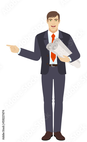 Businessman holding the project plans and pointing something beside of him