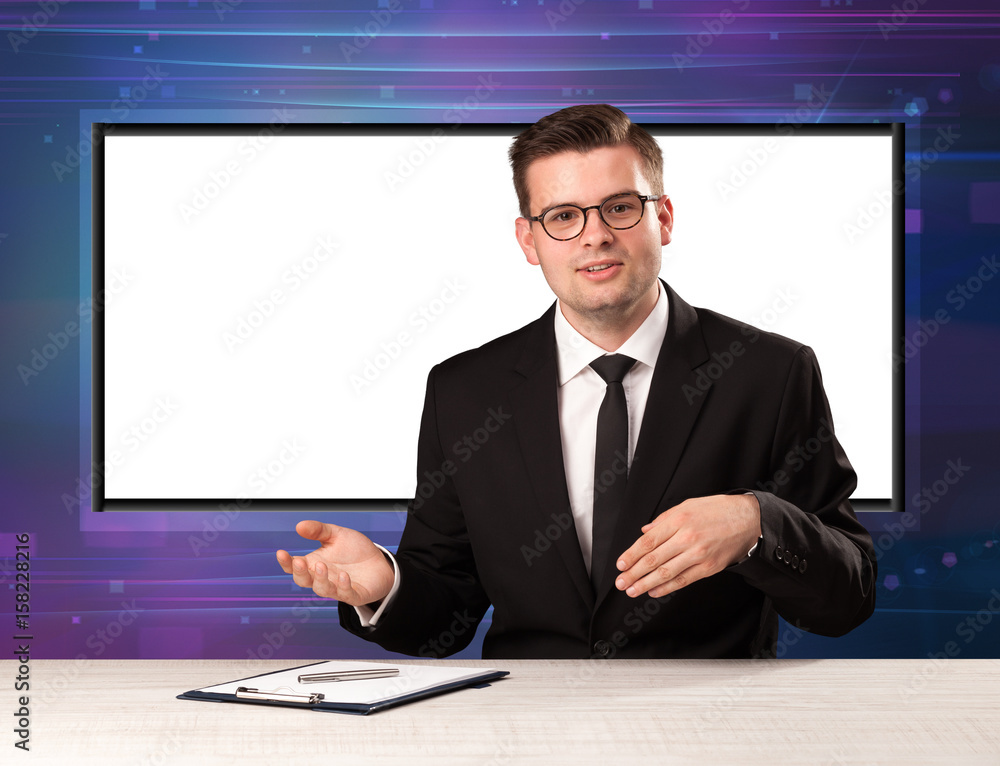 Television program host with big copy screen in his back Television program host with big copy screen in his back