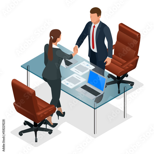 Businesspeople handshaking after negotiation or interview at office. Productive partnership concept. Constructive Business Confrontation isometric vector illustration