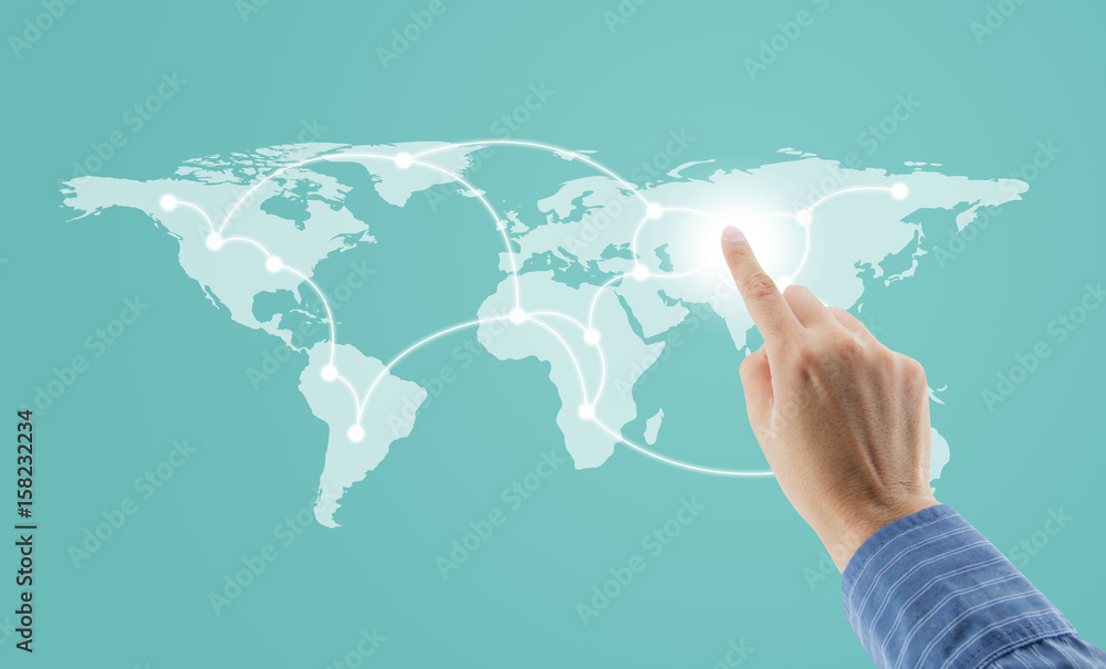Man hand touching virtual screen isolated on white background Man hand touching virtual screen isolated on white background