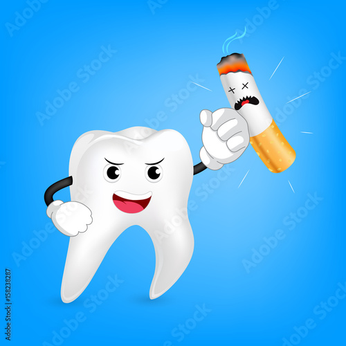 Health cartoon tooth boxing with cigarette. Dental care concept. Illustration on blue background.
