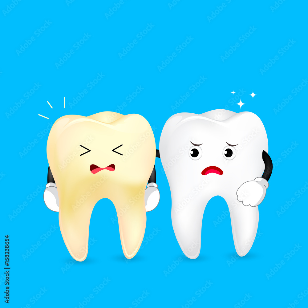 White and yellow tooth characters. Dental care concept. Illustration on blue background. White and yellow tooth characters. Dental care concept. Illustration on blue background.