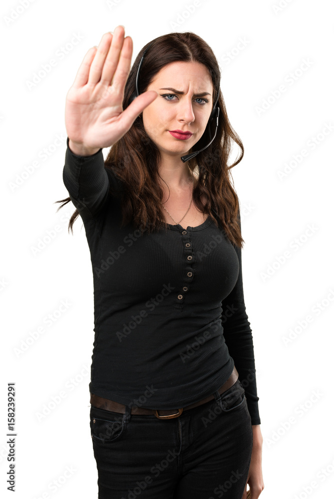 Telemarketer Beautiful young girl making stop sign Telemarketer Beautiful young girl making stop sign