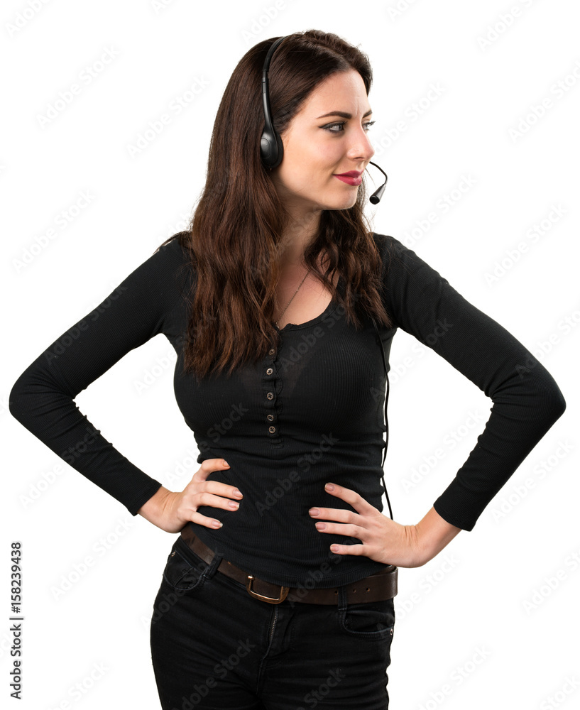 Telemarketer Beautiful young girl looking lateral Telemarketer Beautiful young girl looking lateral