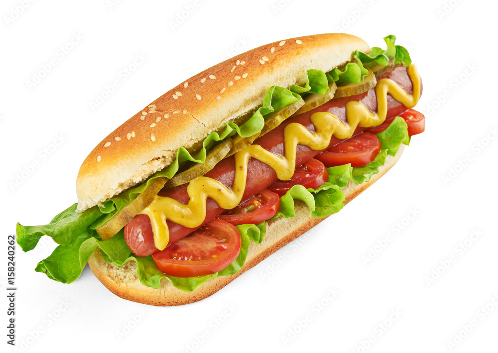 Classic Hot Dog with big sausage, fresh salad, tomatoes and pickled cucumbers isolated on white background Classic Hot Dog with big sausage, fresh salad, tomatoes and pickled cucumbers isolated on white background