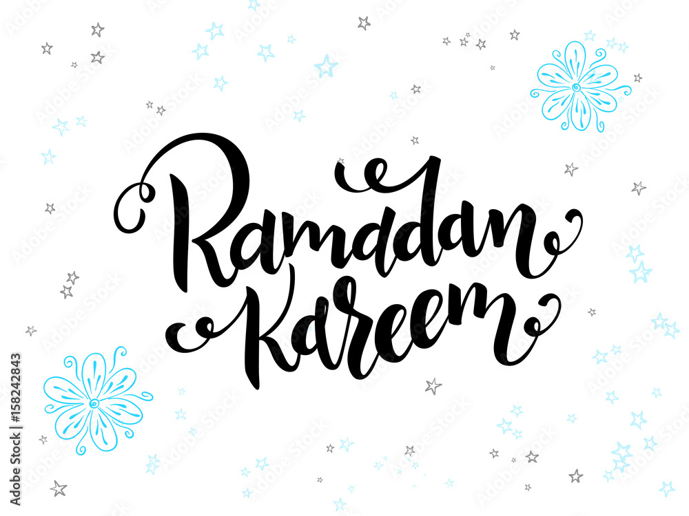vector hand lettering greetings ramadan kareem text with doodle flowers and stars