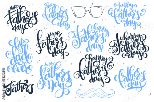 Vector father's day hand lettering set of greetings labels with glasses and mustaches