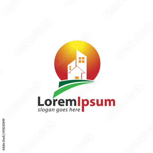 Home house and sunset or sunrose design logo