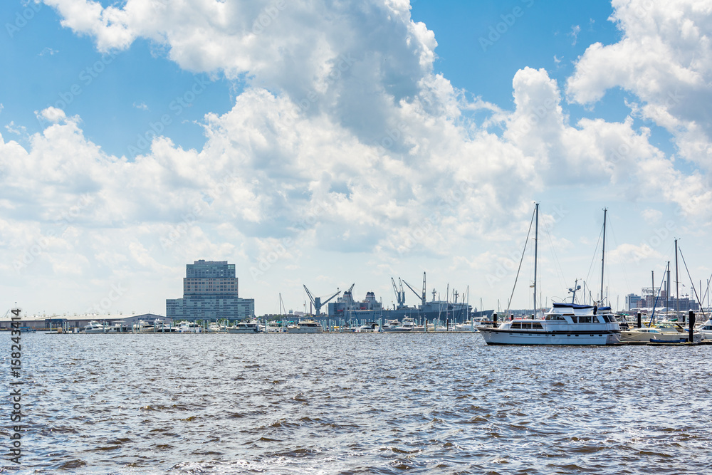 The harbor of Baltimore, seen from Canton Waterfront Park, in Baltimore, Maryland.