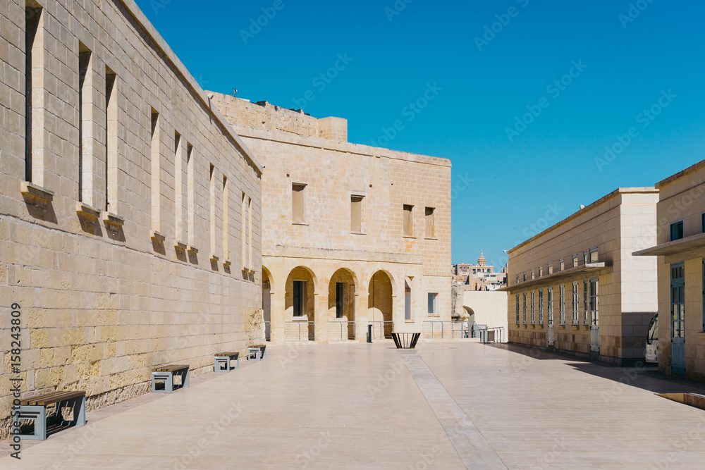 Fort Saint Angelo exterior with Officers Lounge on the left and Admirals hall on the right side, Birgu, Malta
