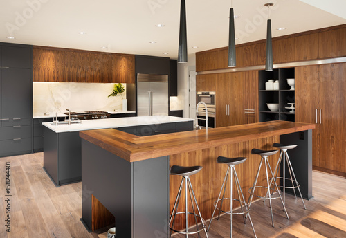 Photography Kitchen in New Luxury Home with Hardwood Floors and Elegant Wood Cabinets