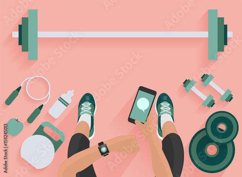 Fitness equipment flat concept, With woman hand with wearing watchband smartwatch and holding mobile phone, Vector illustration design