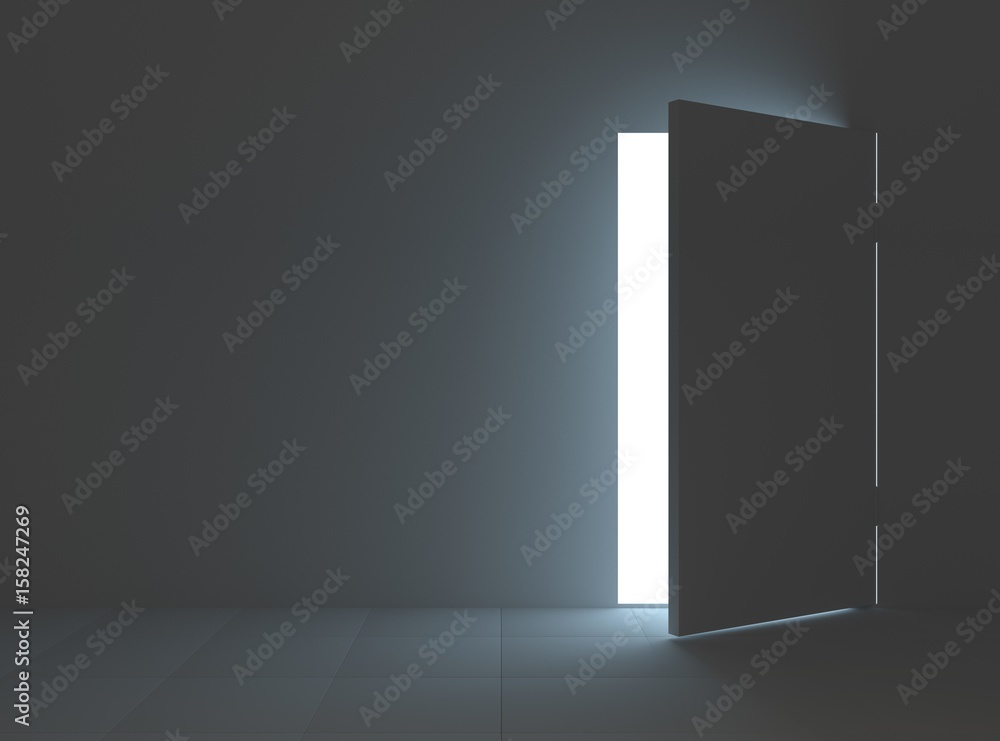 A bright light enters to the slightly open door from another room and illuminates the tiled floor and walls. Turn key home repair service solution in 3D rendering. A bright light enters to the slightly open door from another room and illuminates the tiled floor and walls. Turn key home repair service solution in 3D rendering.