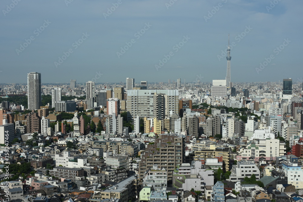 日本の東京都市景観・空と林立するビル（台東区や墨田区方面など望む）