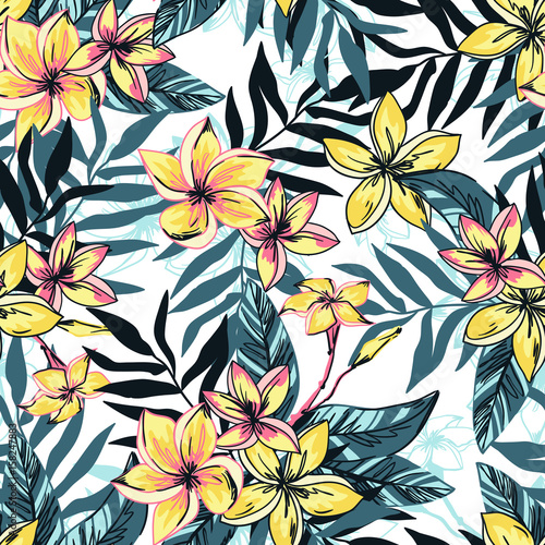 Vector illustration Tropical floral summer seamless pattern background with plumeria flowers with leaves.
