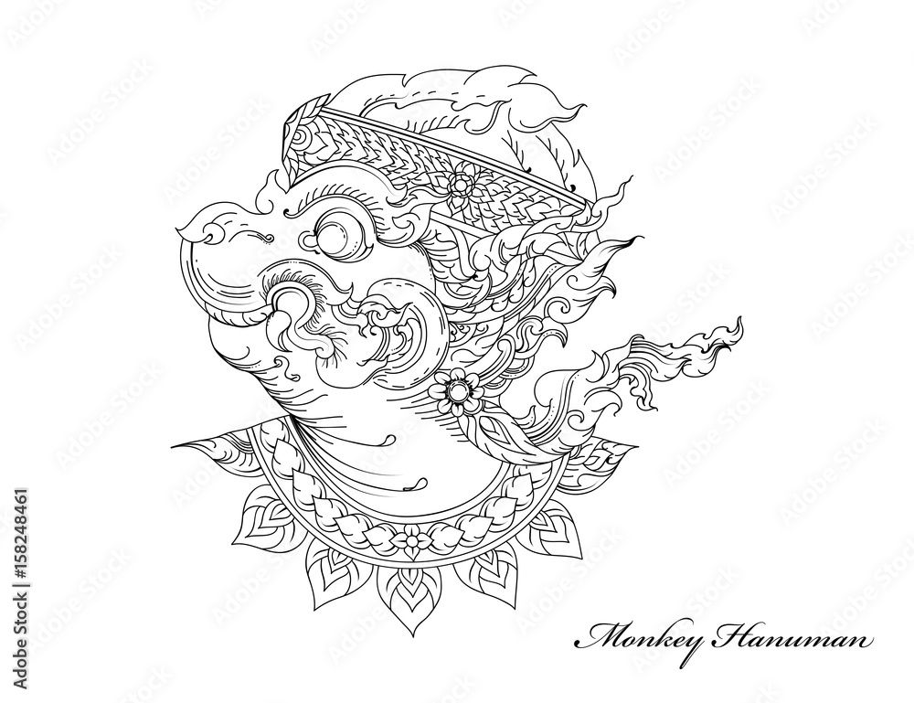 Thai art pattern,Monkey Hanuman vector hand drawing on a white background  Stock Vector | Adobe Stock