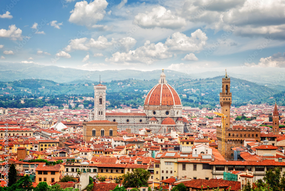 cityscape with cathedral church Santa Maria del Fiore and Palazzo Vecchio, Florence, Italy, retro toned