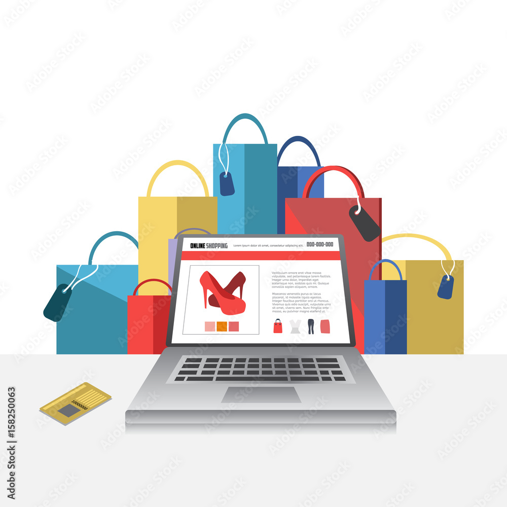 Online shopping concept illustration with laptop. E-commerce business concept. Online shopping creative vector illustration. Online shopping concept illustration with laptop. E-commerce business concept. Online shopping creative vector illustration.