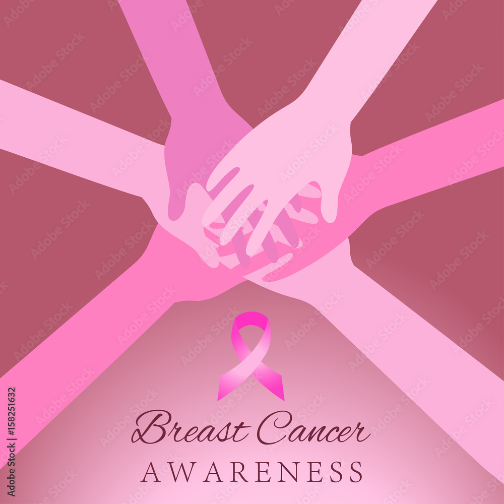 Diverse women hands joining for breast cancer awareness Diverse women hands joining for breast cancer awareness