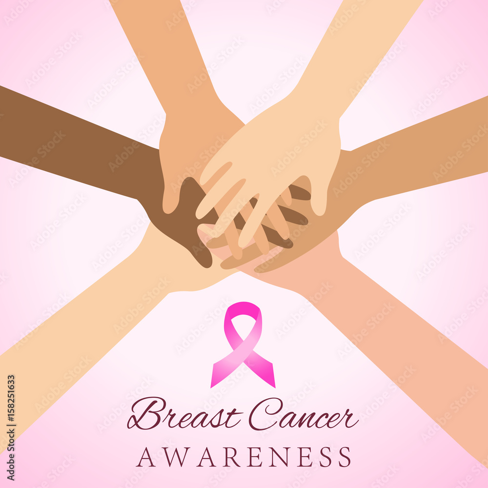Diverse women hands joining for breast cancer awareness Diverse women hands joining for breast cancer awareness