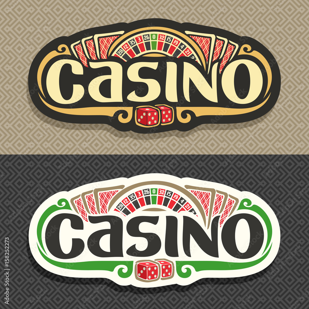 Vector logo for Casino club on geometric background: roulette wheel, lettering title - casino, 3 playing cards with red back for blackjack, pair dice for craps, gambling sign board for online casino.