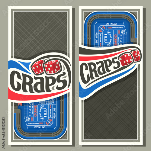 Vector vertical banners for Craps gamble: thrown pair red cube dices flying on blue craps table, lettering title - craps, layouts with frame on abstract grey background for text on gambling game theme