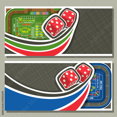 Vector horizontal banners for Craps gamble: thrown pair red cube dices flying on green craps table, 2 layouts with frame on abstract grey background for text on gambling game theme, flyers for casino.