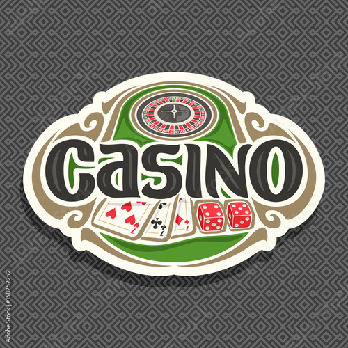 Vector logo for Casino club on grey background: roulette wheel on green table, lettering text - casino, combination of playing cards 3 seven for blackjack, 2 dice for craps, gambling icon for casino.
