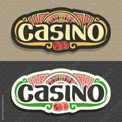 Vector logo for Casino club on geometric background: roulette wheel, lettering title - casino, 3 playing cards with red back for blackjack, pair dice for craps, gambling sign board for online casino.