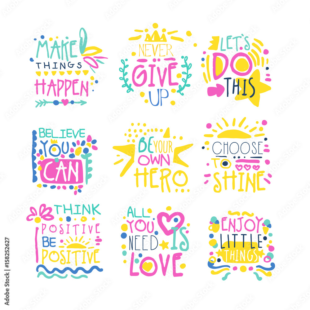 Short possitive messages colorful hand drawn vector Illustrations