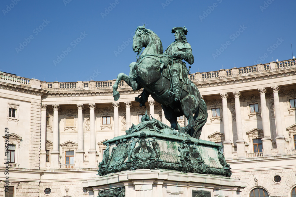 statue of Prince Eugene and facade of Neue Burg in Hofburg Palace. Vienna