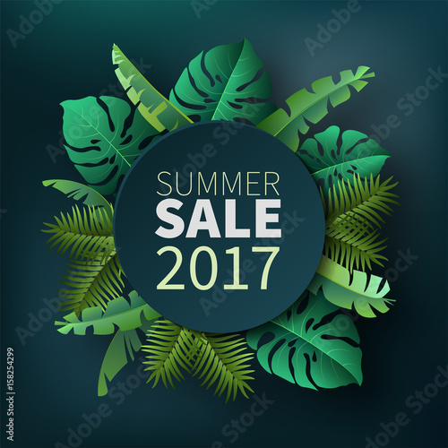 Hello summer, summertime. The text poster against the background of tropical plants. The poster for sale and an advertizing sign.  Vector Illustration.