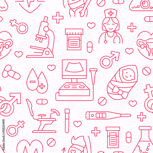 Medical seamless pattern, gynecology vector background pink color. Obstetrics, pregnancy line icons - baby ultrasound, gynecological chair, in vitro fertilization. Cute repeated illustration hospital.