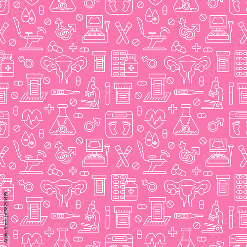 Medical seamless pattern, gynecology vector background pink color. Obstetrics, pregnancy line icons - ultrasound, gynecological chair, in vitro fertilization. Cute repeated illustration for hospital.