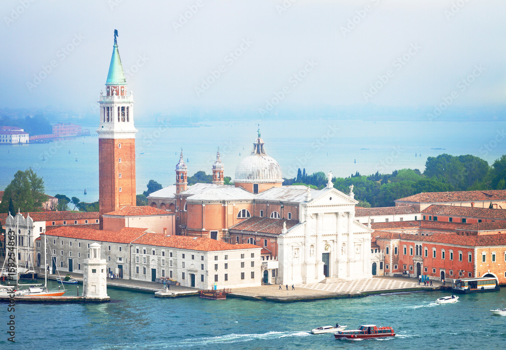 view of San Giorgio island from above, Venice, Italy, retro toned