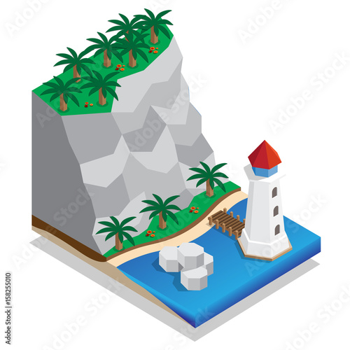 The lighthouse on the shore. Isometric. Vector illustration.