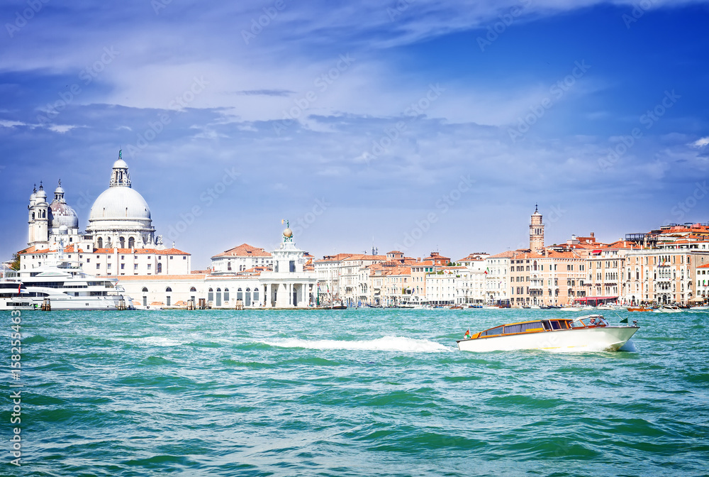 lagoon and Basilica Santa Maria della Salute, Venice, Italy, retro toned