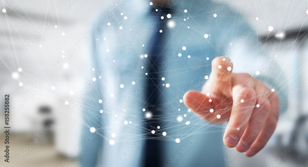 Businessman using flying network connection interface 3D rendering Businessman using flying network connection interface 3D rendering