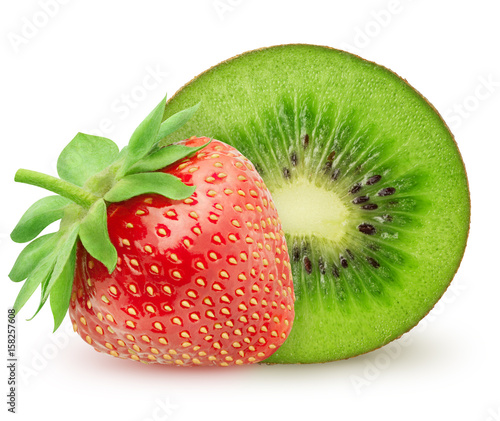 Isolated strawberry. Whole strawberry fruit with kiwi isolated on white background with clipping path