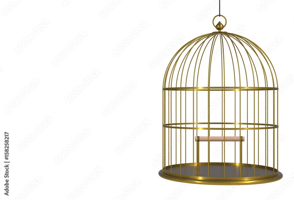 Empty bird golden cage Isolated on white background, 3D rendering
