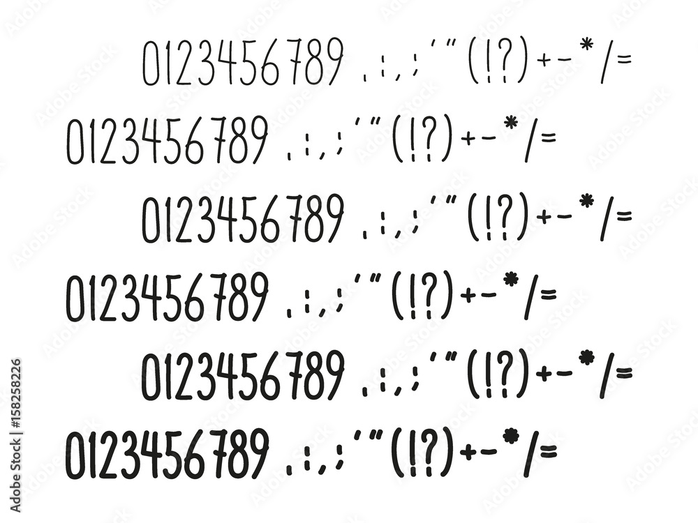 Cute hand drawn alphabet symbols as thin numbers and punctuation Cute hand drawn alphabet symbols as thin numbers and punctuation